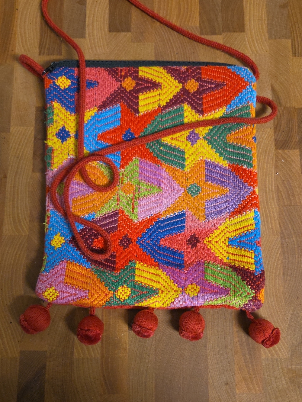Colorful Handwoven Crossbody Bag with Pom Tassels - Multicolor